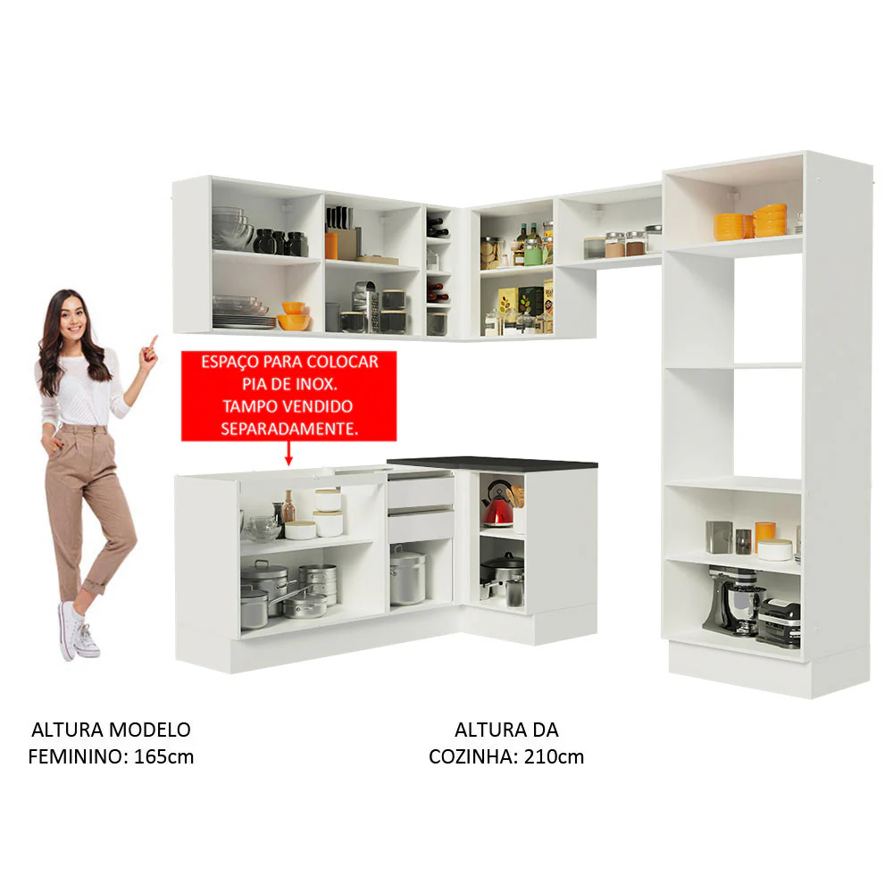 Armário de Cozinha Completa de Canto 100% MDF 419cm Frentes Branco Brilho Acordes Madesa 01 - Image 5