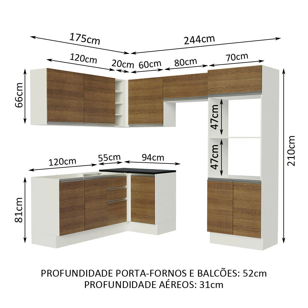 Armário de Cozinha Completa de Canto 100% MDF 419cm Rustic/Branco Acordes Madesa 01 - Image 3