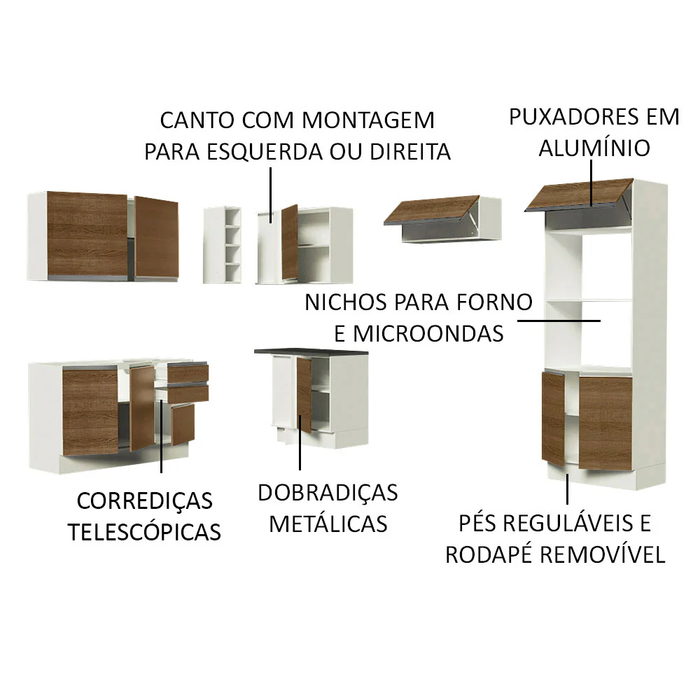 Armário de Cozinha Completa de Canto 100% MDF 419cm Rustic/Branco Acordes Madesa 01 - Image 4