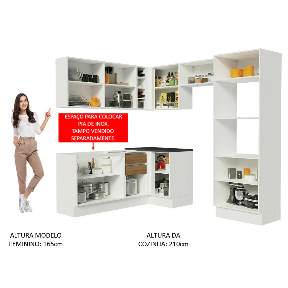 Armário de Cozinha Completa de Canto 100% MDF 419cm Rustic/Branco Acordes Madesa 01 - Image 5