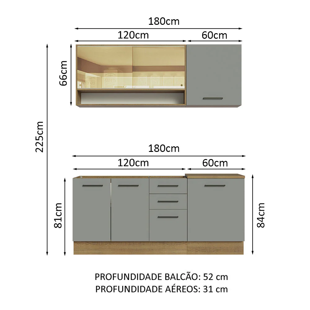 Armário de Cozinha Compacta 180cm Rustic Cinza Agata Madesa 02 - Image 3