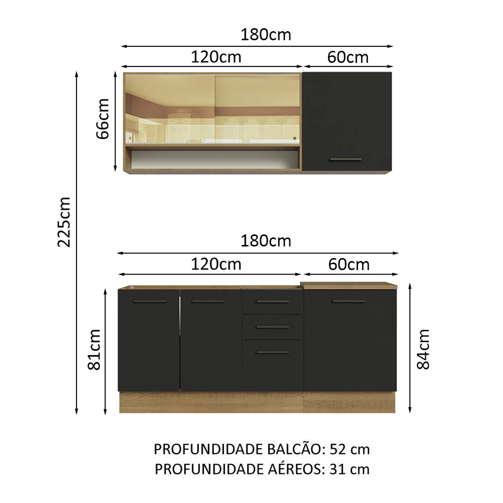Armário de Cozinha Compacta 180cm Rustic Preto Agata Madesa 02 - Image 3