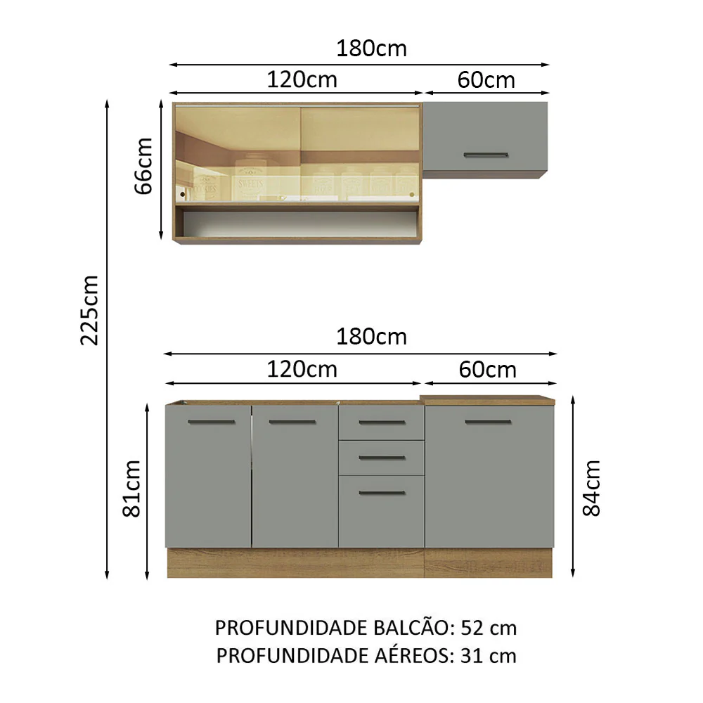 Armário de Cozinha Compacta 180cm Rustic Cinza Agata Madesa 04 - Image 3