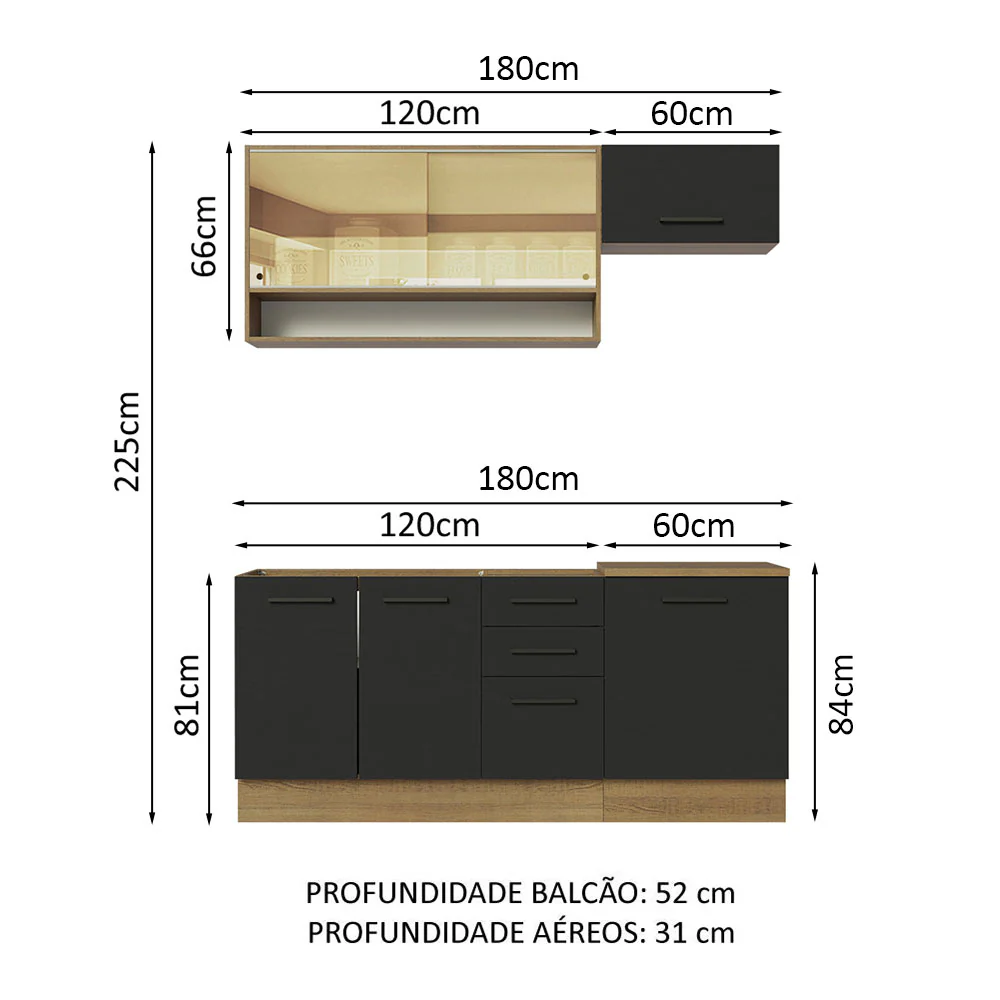 Armário de Cozinha Compacta 180cm Rustic Preto Agata Madesa 04 - Image 3