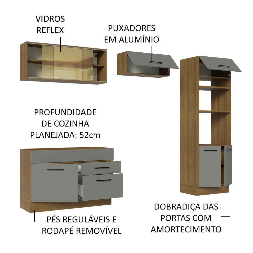 Armário de Cozinha Completa 270cm Rustic/Cinza Agata Madesa 05 - Image 4