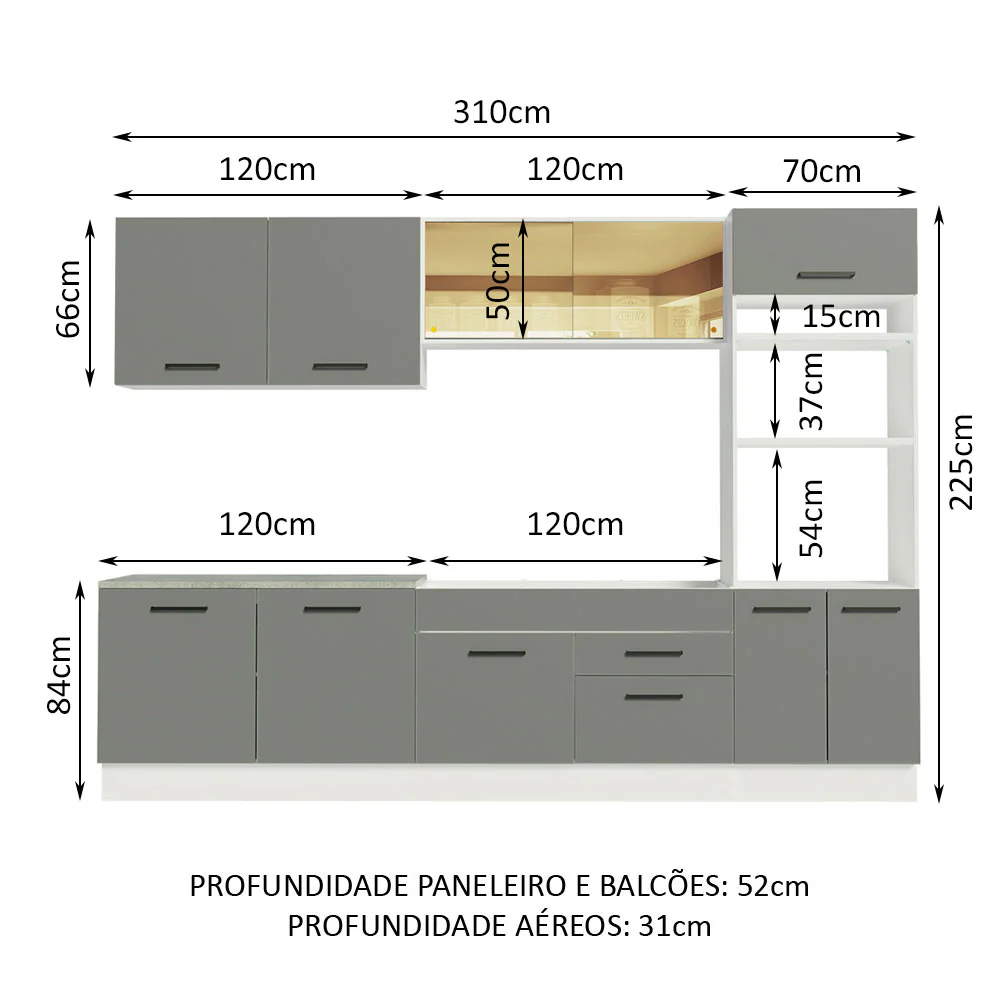 Armário de Cozinha Completa 310cm Branco/Cinza Agata Madesa 01 - Image 3