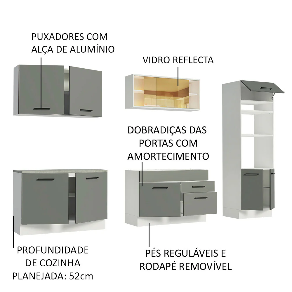 Armário de Cozinha Completa 310cm Branco/Cinza Agata Madesa 01 - Image 4