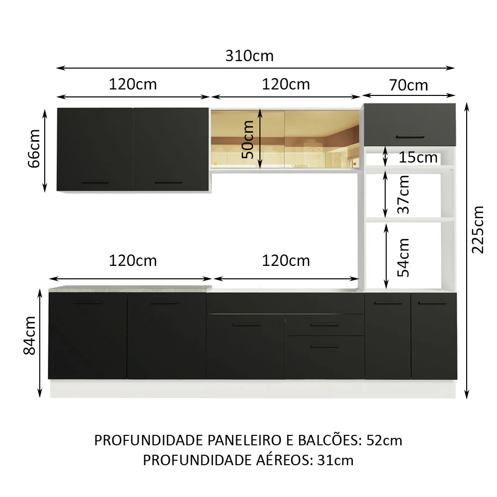 Armário de Cozinha Completa 310cm Branco/Preto Agata Madesa 01 - Image 3