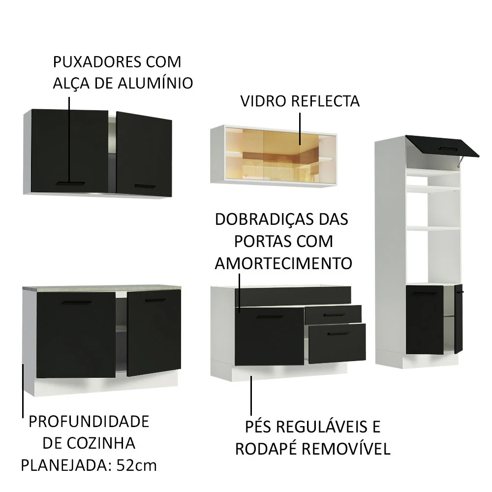 Armário de Cozinha Completa 310cm Branco/Preto Agata Madesa 01 - Image 4