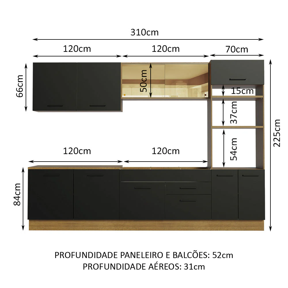 Armário de Cozinha Completa 310cm Rustic/Preto Agata Madesa 01 - Image 3