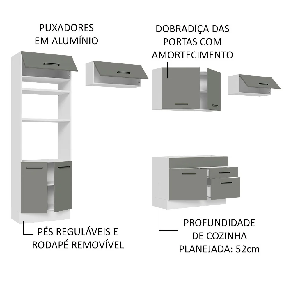 Armário de Cozinha Completa 350cm Branco/Cinza Agata Madesa 01 - Image 4