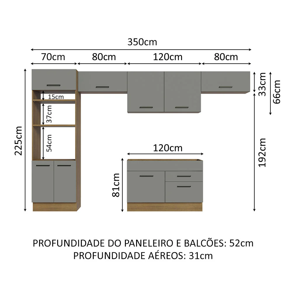 Armário de Cozinha Completa 350cm Rustic/Cinza Agata Madesa 01 - Image 3