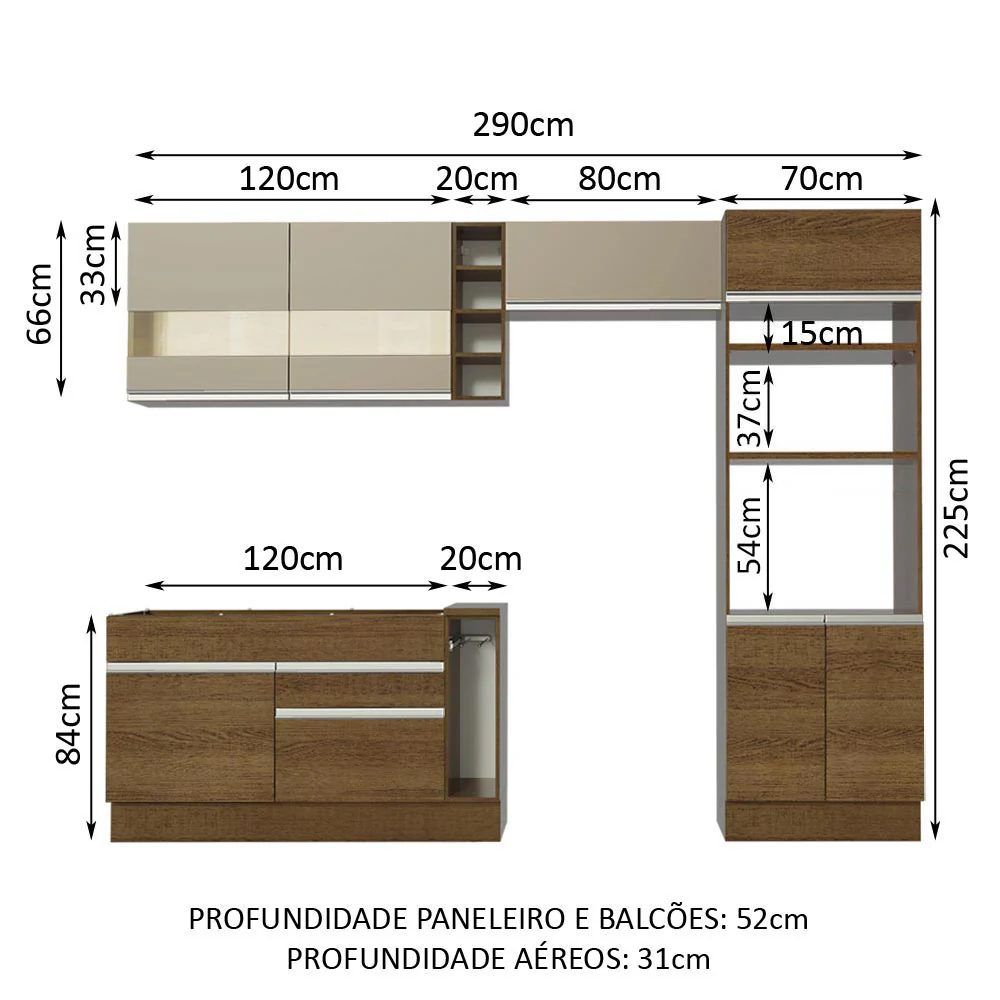 Armário de Cozinha Completa 290cm Rustic/Rustic/Crema Cristal Madesa 09 - Image 3