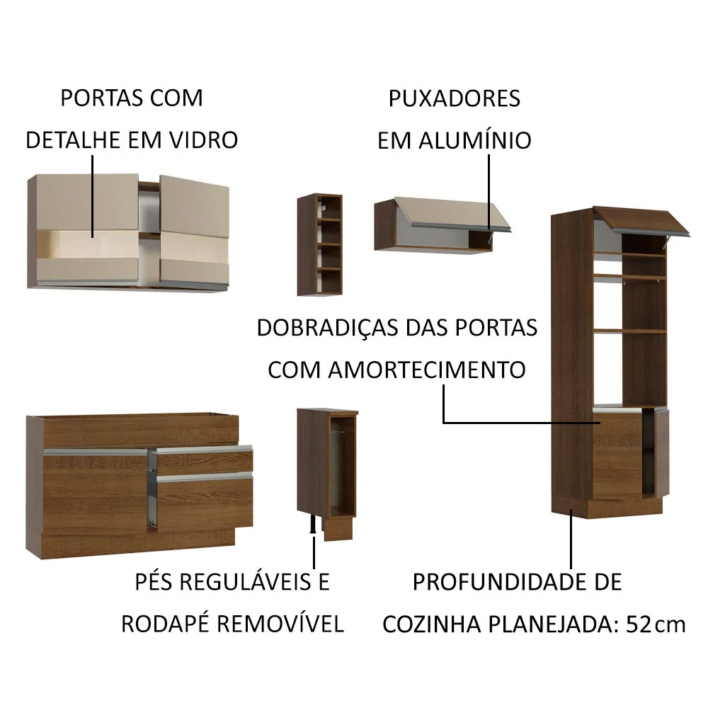 Armário de Cozinha Completa 290cm Rustic/Rustic/Crema Cristal Madesa 09 - Image 4