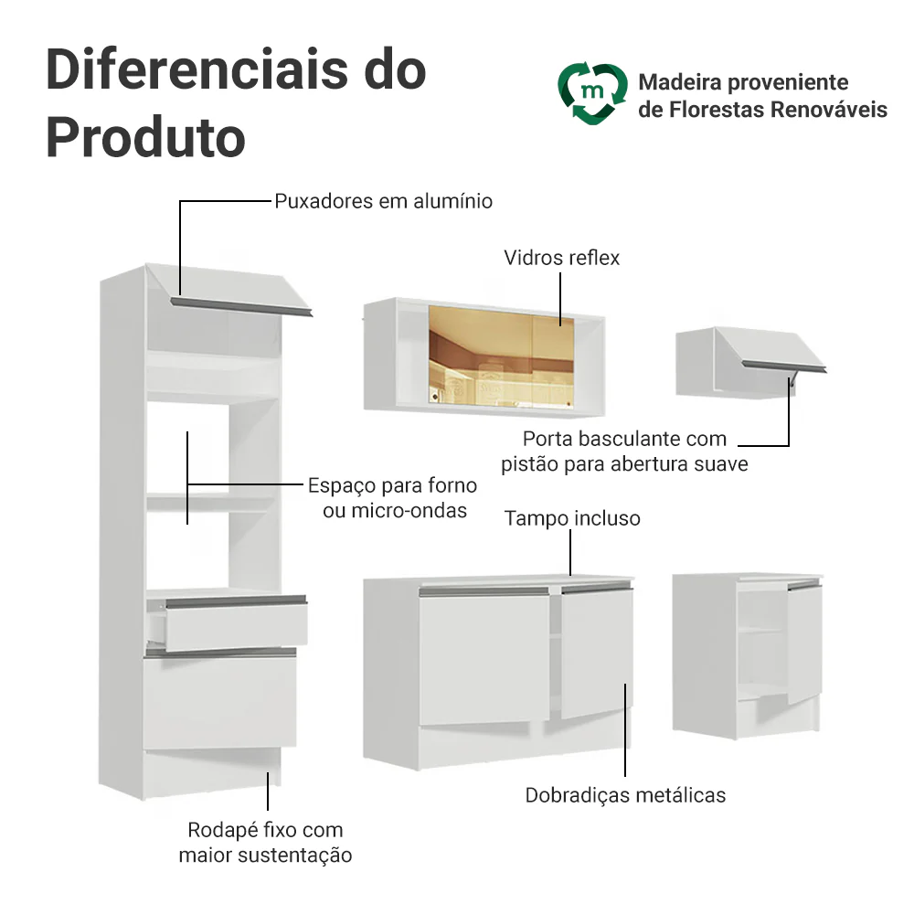 Armário de Cozinha Completa 240cm Branco Diamante Madesa - Image 4