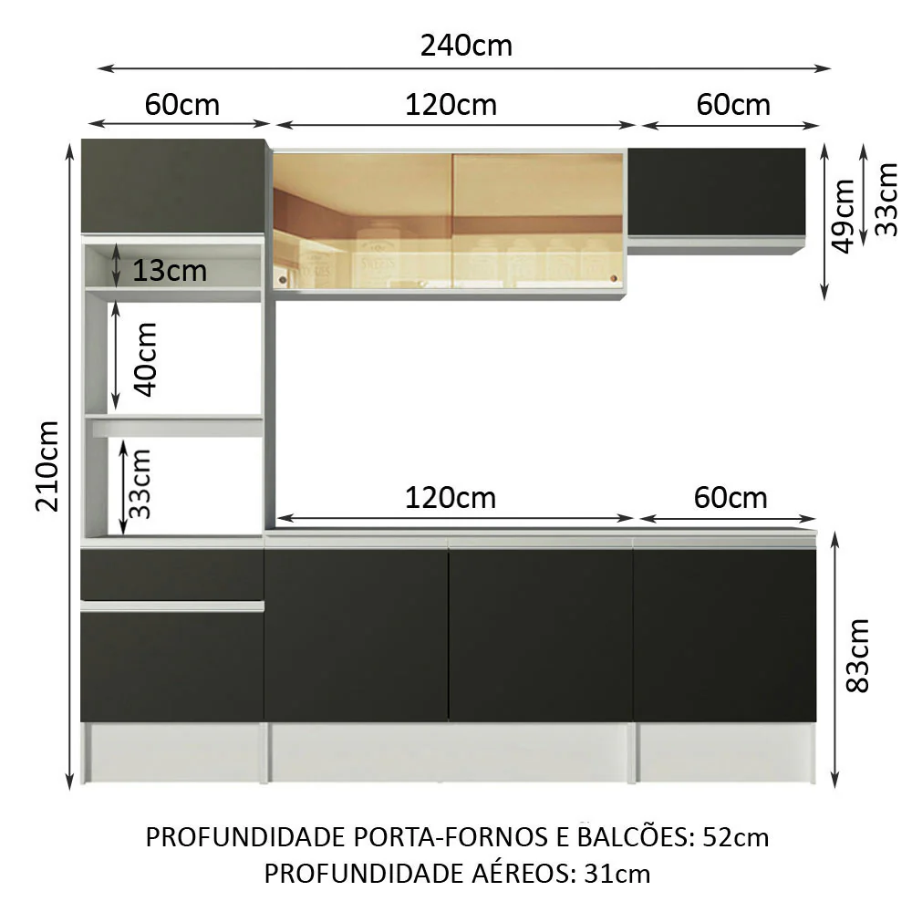Armário de Cozinha Completa 240cm Branco/Preto Diamante Madesa - Image 3