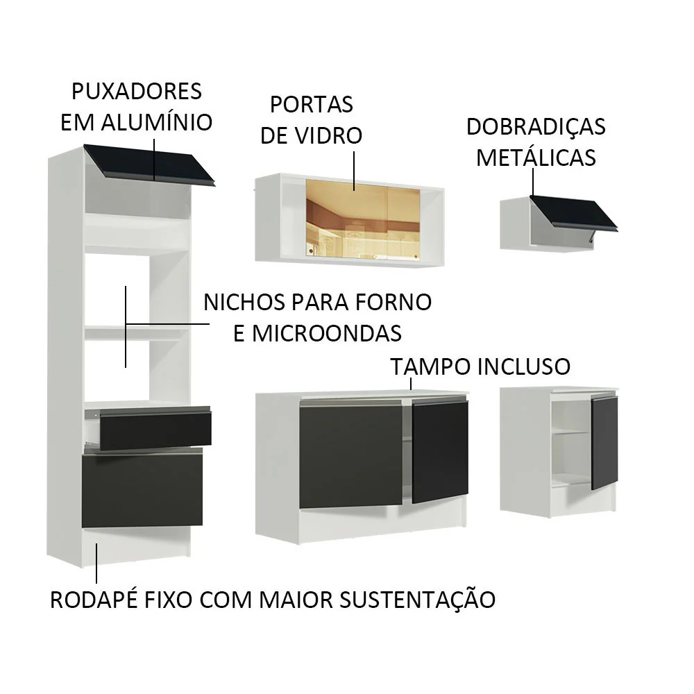 Armário de Cozinha Completa 240cm Branco/Preto Diamante Madesa - Image 4