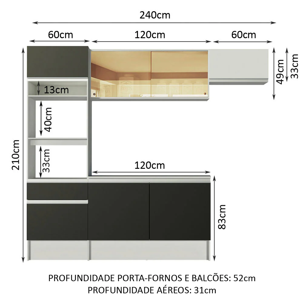 Armário de Cozinha Completa 240cm Branco/Preto/Branco Diamante Madesa 02 - Image 3