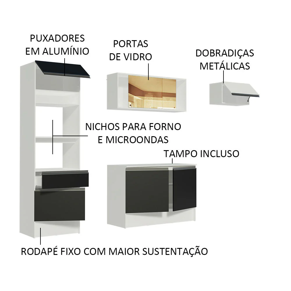 Armário de Cozinha Completa 240cm Branco/Preto/Branco Diamante Madesa 02 - Image 4