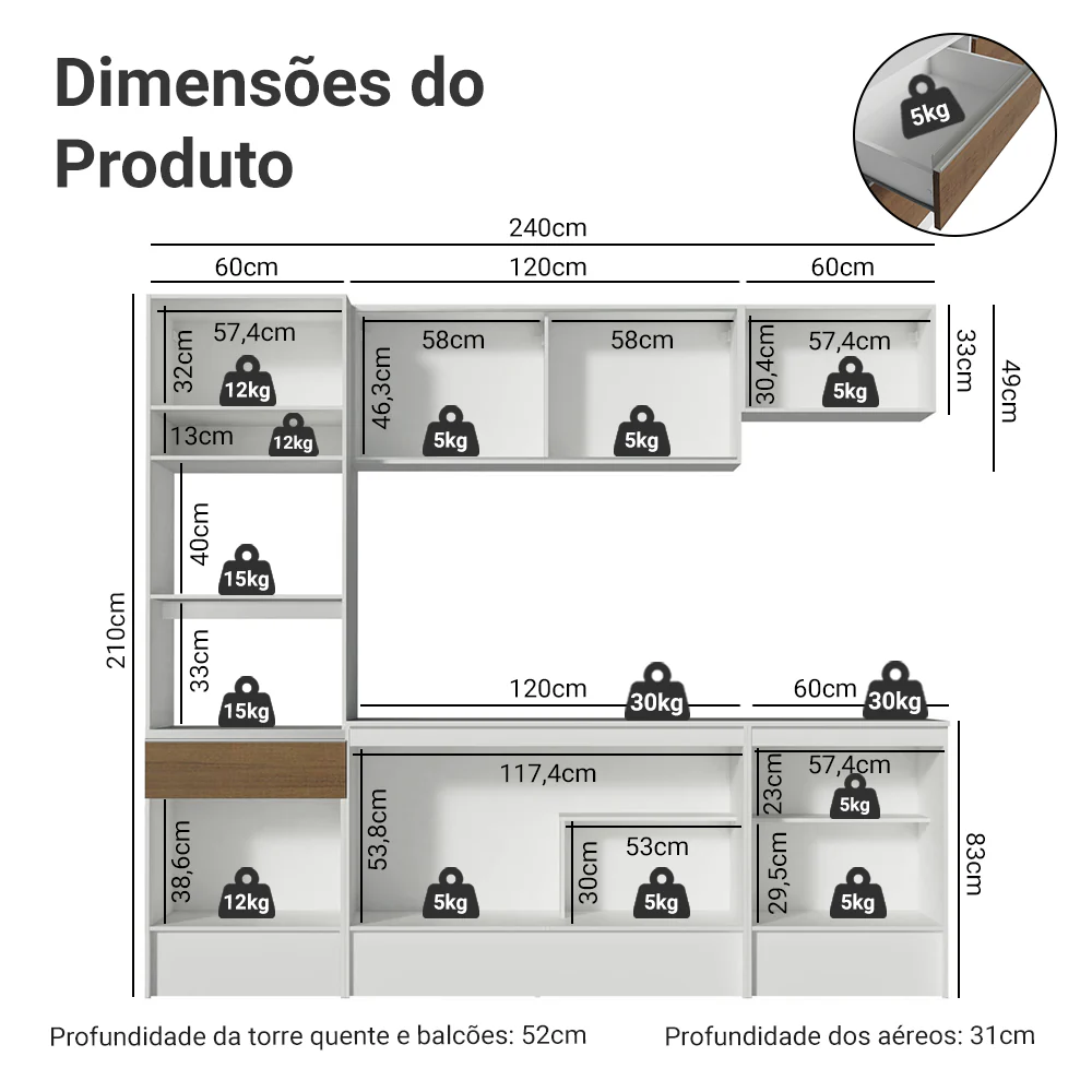 Armário de Cozinha Completa 240cm Branco/Rustic Diamante Madesa - Image 3