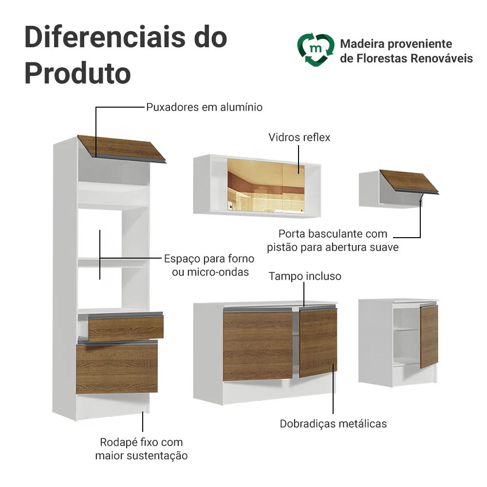 Armário de Cozinha Completa 240cm Branco/Rustic Diamante Madesa - Image 4