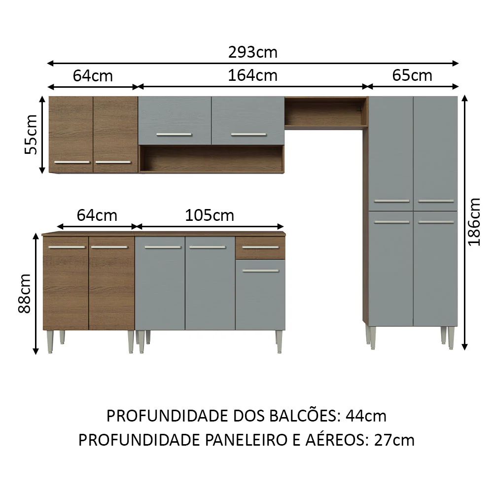Armário de Cozinha Completa 293cm Rustic/Cinza Emilly Madesa 01 - Image 3