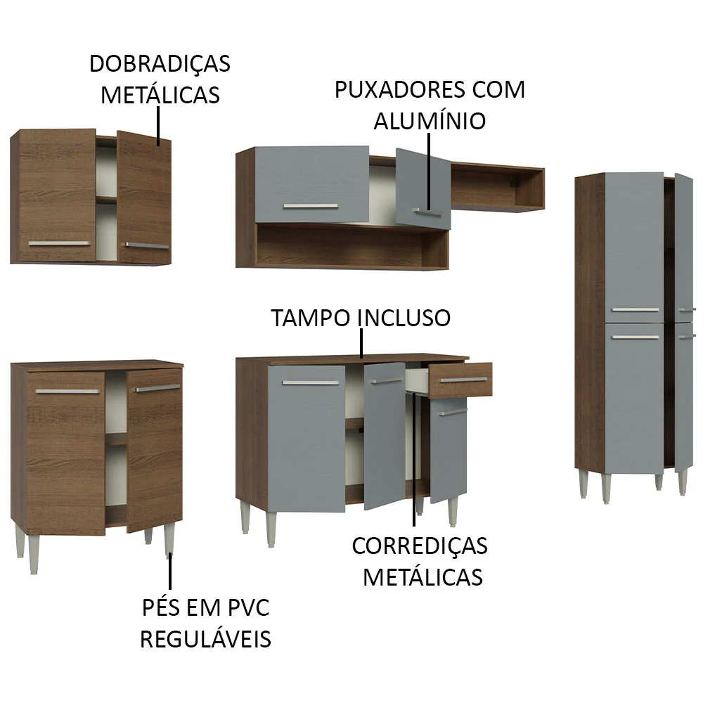 Armário de Cozinha Completa 293cm Rustic/Cinza Emilly Madesa 01 - Image 4