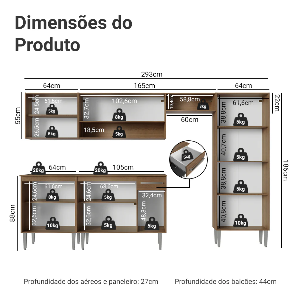 Armário de Cozinha Completa 293cm Rustic/Preto Emilly Madesa 01 - Image 3