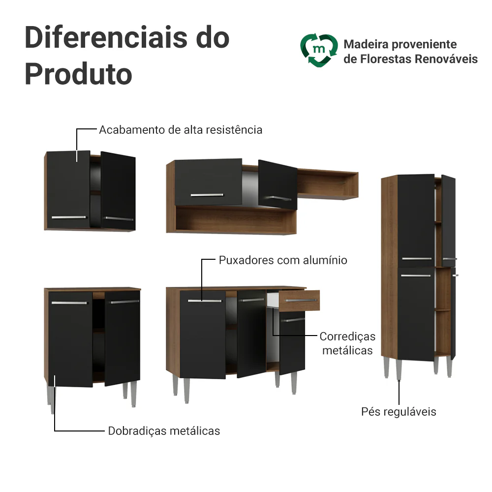 Armário de Cozinha Completa 293cm Rustic/Preto Emilly Madesa 01 - Image 4