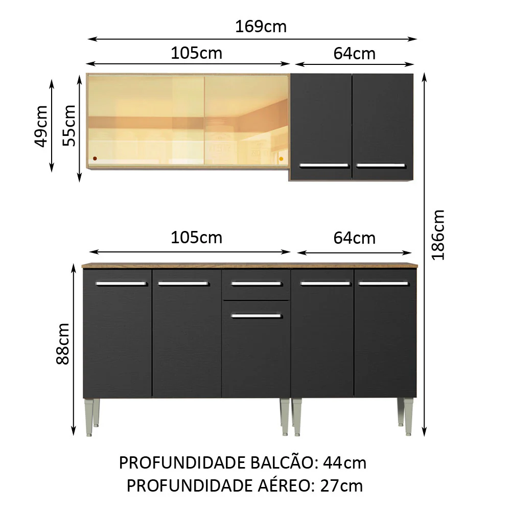 Armário de Cozinha Completa 169cm Rustic/Preto Emilly Drive Madesa 04 - Image 3