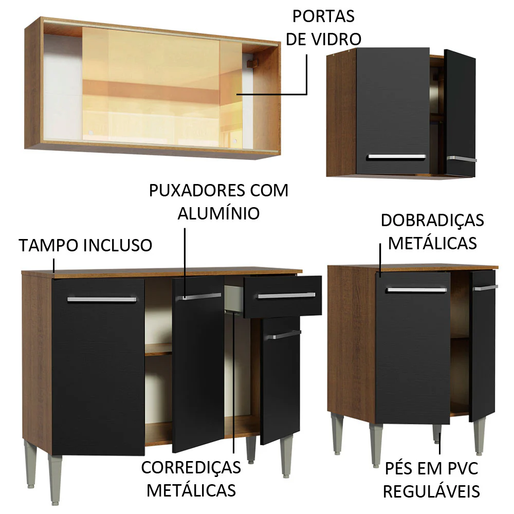 Armário de Cozinha Completa 169cm Rustic/Preto Emilly Drive Madesa 04 - Image 4