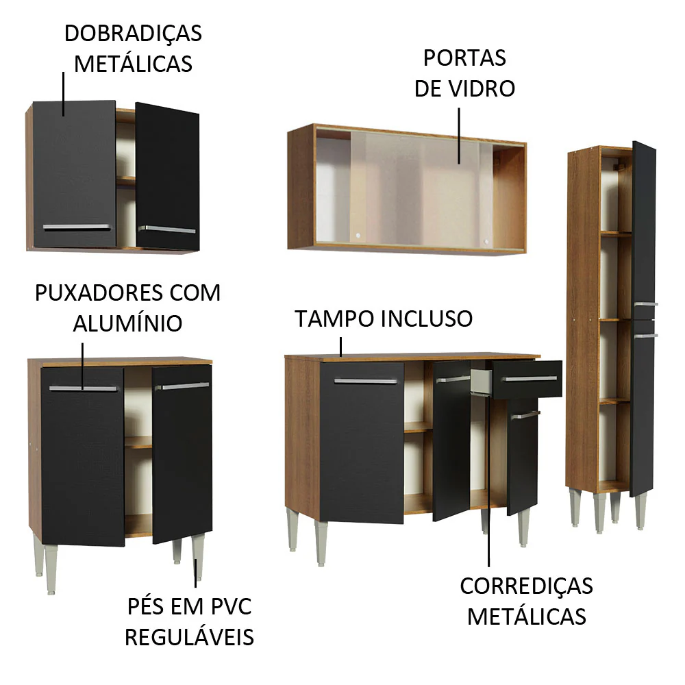 Armário de Cozinha Completa 201cm Rustic/Preto Emilly Fast Madesa 02 - Image 4