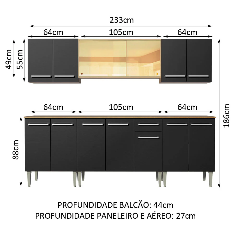 Armário de Cozinha Completa 233cm Rustic/Preto Emilly Fire Madesa 03 - Image 3