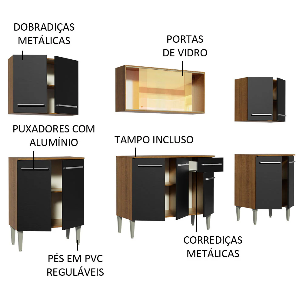 Armário de Cozinha Completa 233cm Rustic/Preto Emilly Fire Madesa 03 - Image 4
