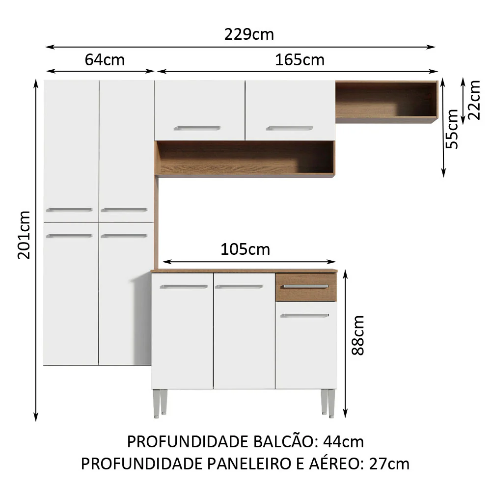 Armário de Cozinha Completa 229cm Rustic/Branco Emilly Fit Madesa 03 - Image 3