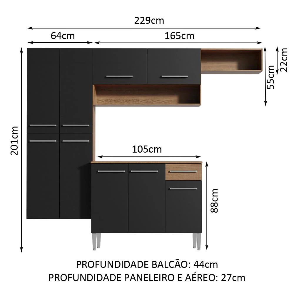 Armário de Cozinha Completa 229cm Rustic/Preto Emilly Fit Madesa 03 - Image 3