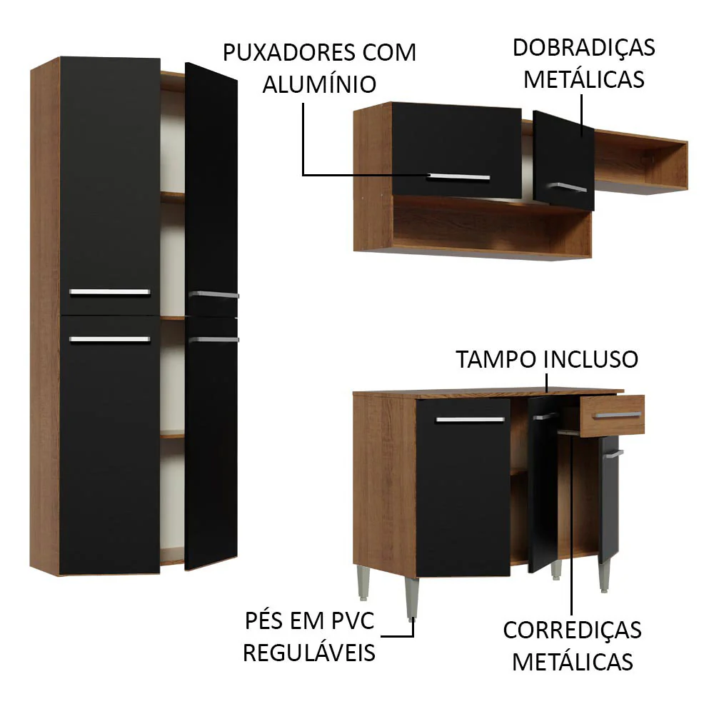 Armário de Cozinha Completa 229cm Rustic/Preto Emilly Fit Madesa 03 - Image 4