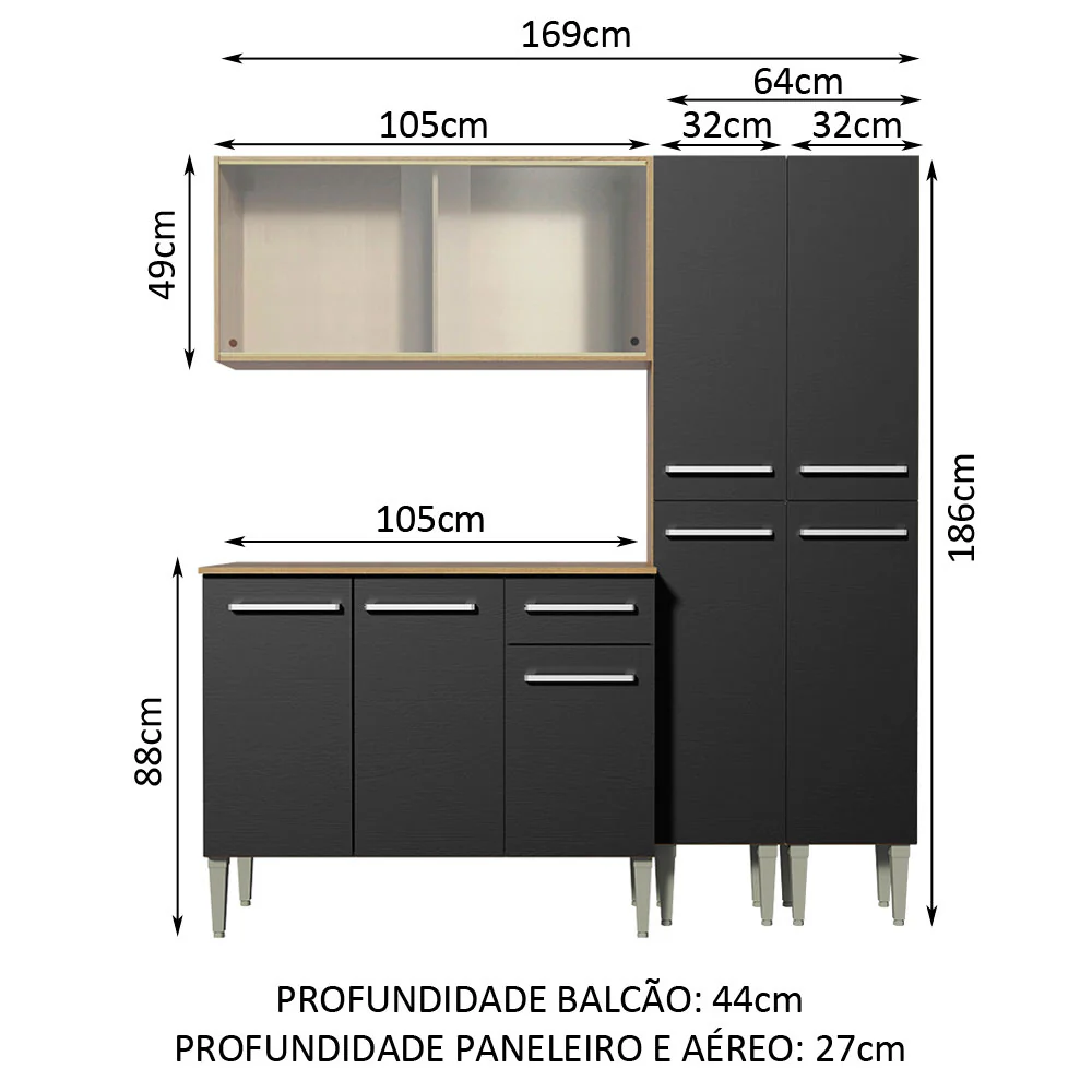 Armário de Cozinha Completa 169cm Rustic/Preto Emilly Fly Madesa 05 - Image 3
