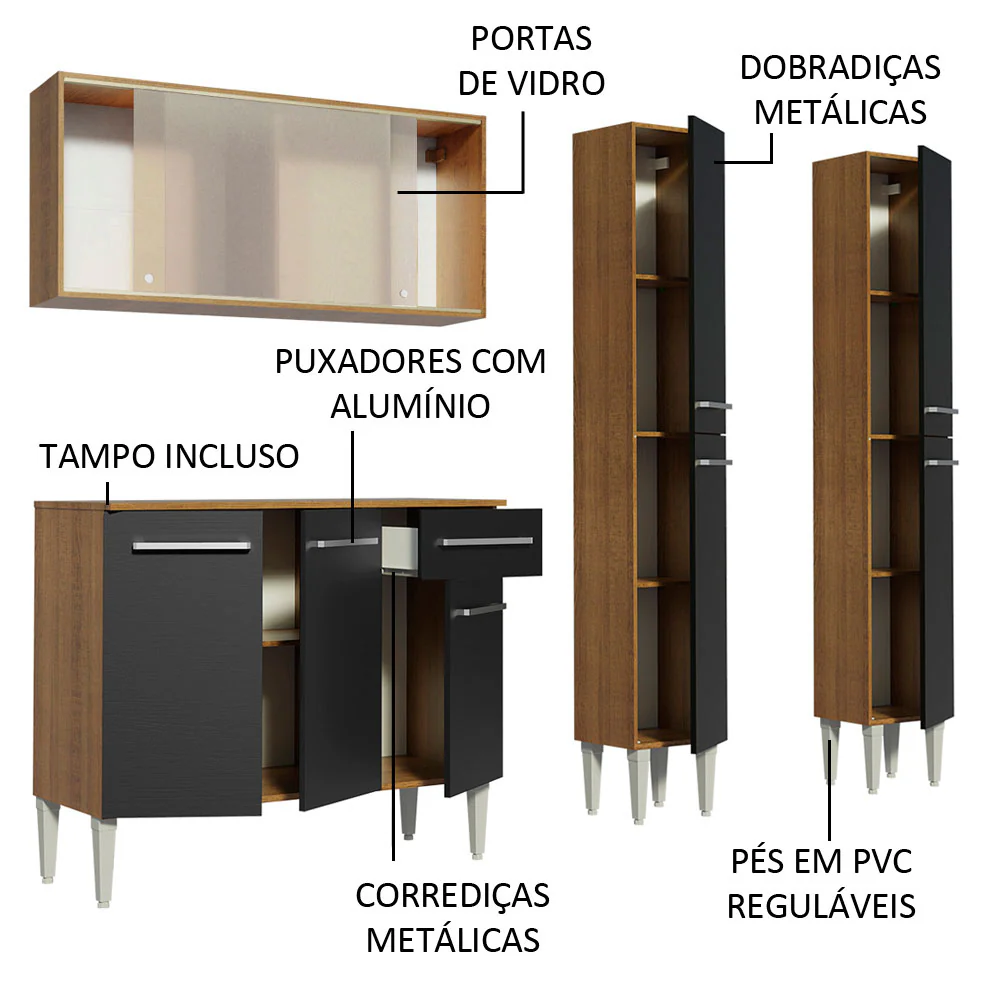 Armário de Cozinha Completa 169cm Rustic/Preto Emilly Fly Madesa 05 - Image 4
