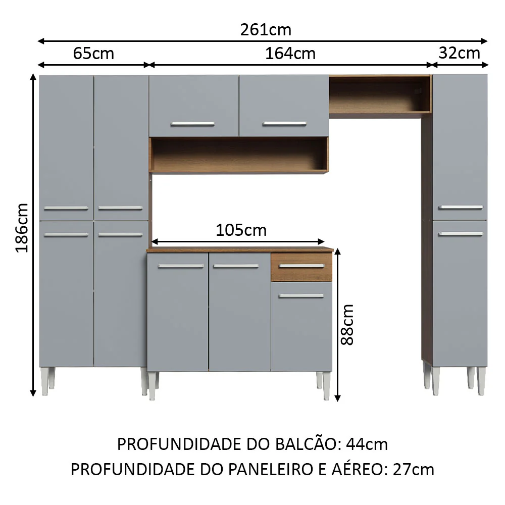 Armário de Cozinha Completa 261cm Rustic/Cinza Emilly Hit Madesa - Image 3