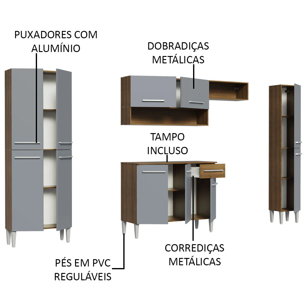 Armário de Cozinha Completa 261cm Rustic/Cinza Emilly Hit Madesa - Image 4