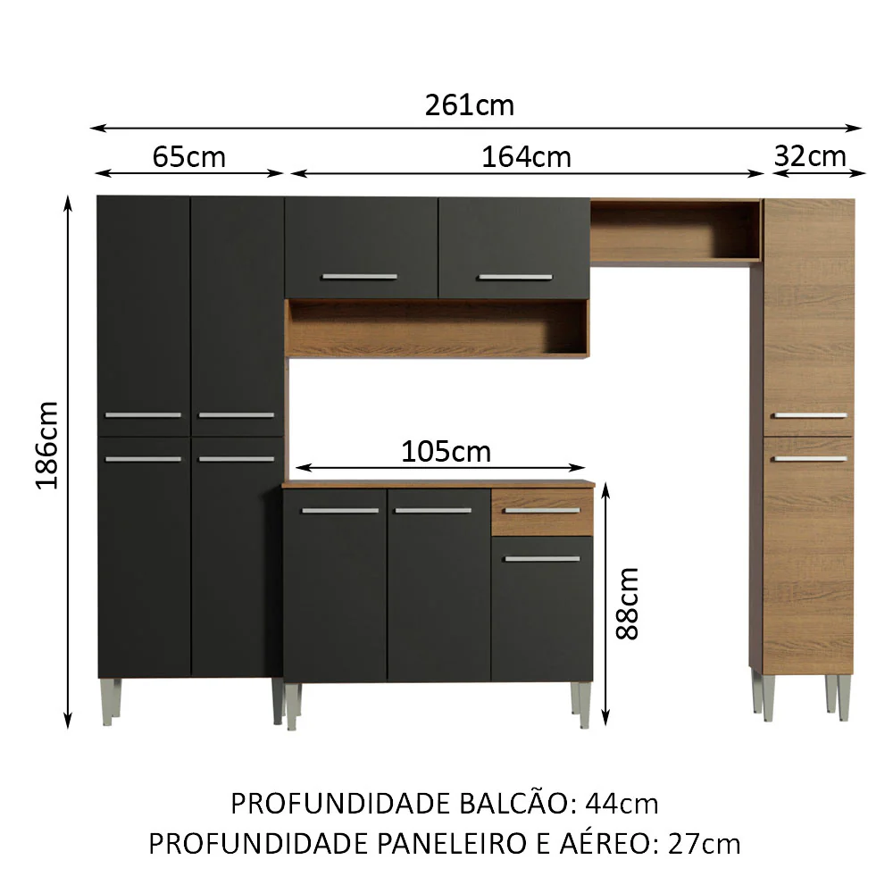 Armário de Cozinha Completa 261cm Rustic/Preto Emilly Hit Madesa - Image 3