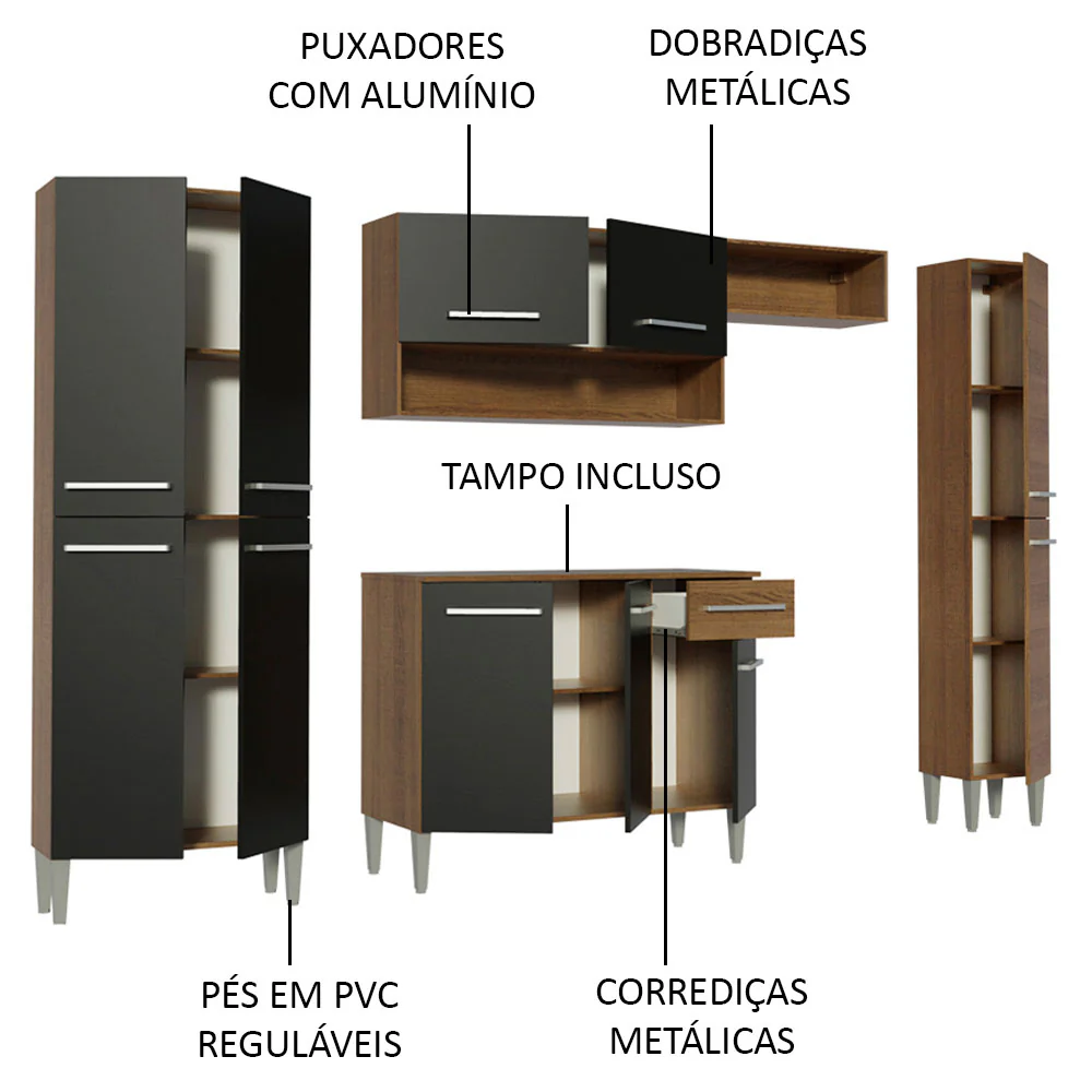 Armário de Cozinha Completa 261cm Rustic/Preto Emilly Hit Madesa - Image 4