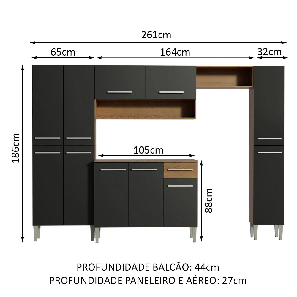 Armário de Cozinha Completa 261cm Rustic/Preto/Preto Emilly Hit Madesa 01 - Image 3