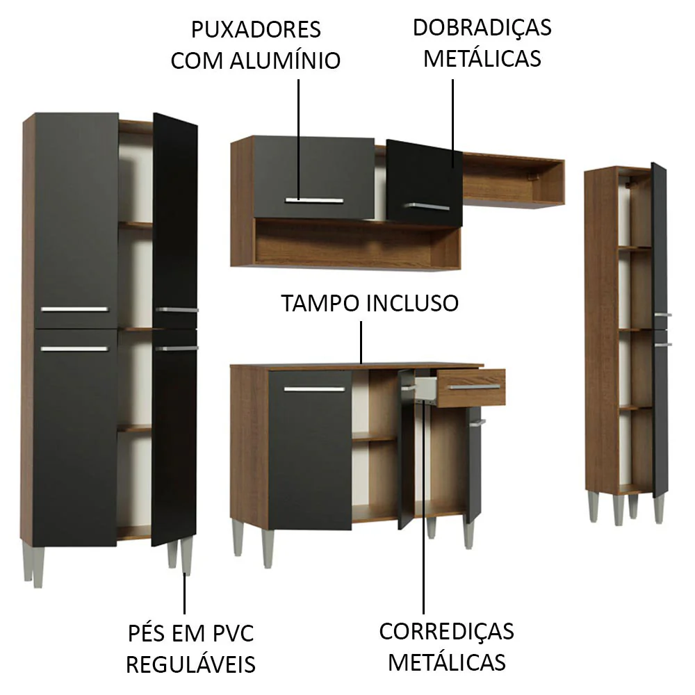 Armário de Cozinha Completa 261cm Rustic/Preto/Preto Emilly Hit Madesa 01 - Image 4