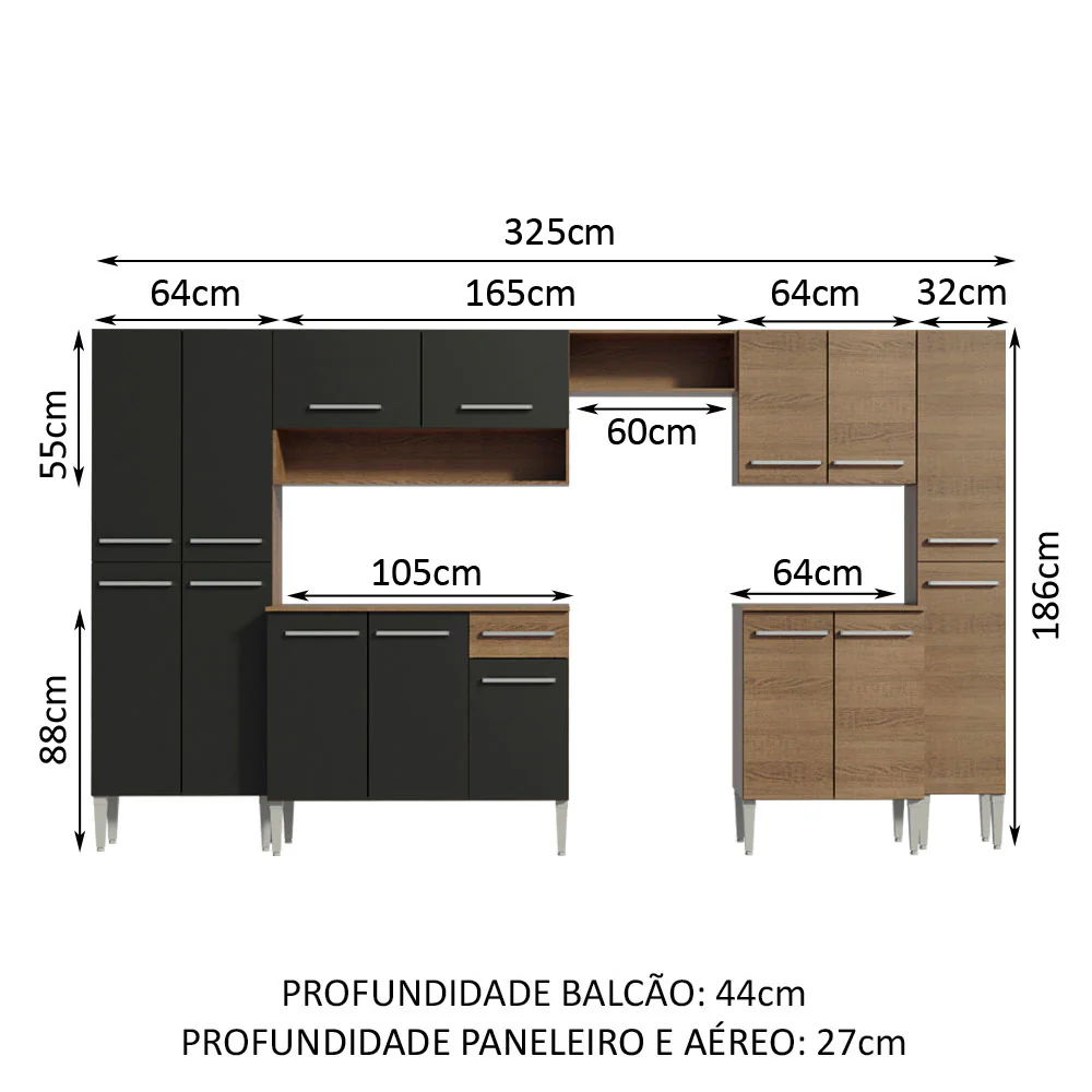 Armário de Cozinha Completa 325cm Rustic/Preto Emilly Joy Madesa 01 - Image 3