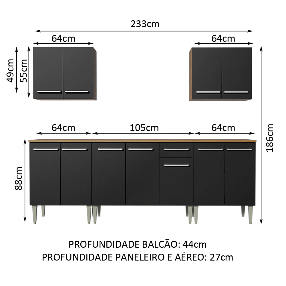 Armário de Cozinha Completa 233cm Rustic/Preto Emilly King Madesa 01 - Image 3