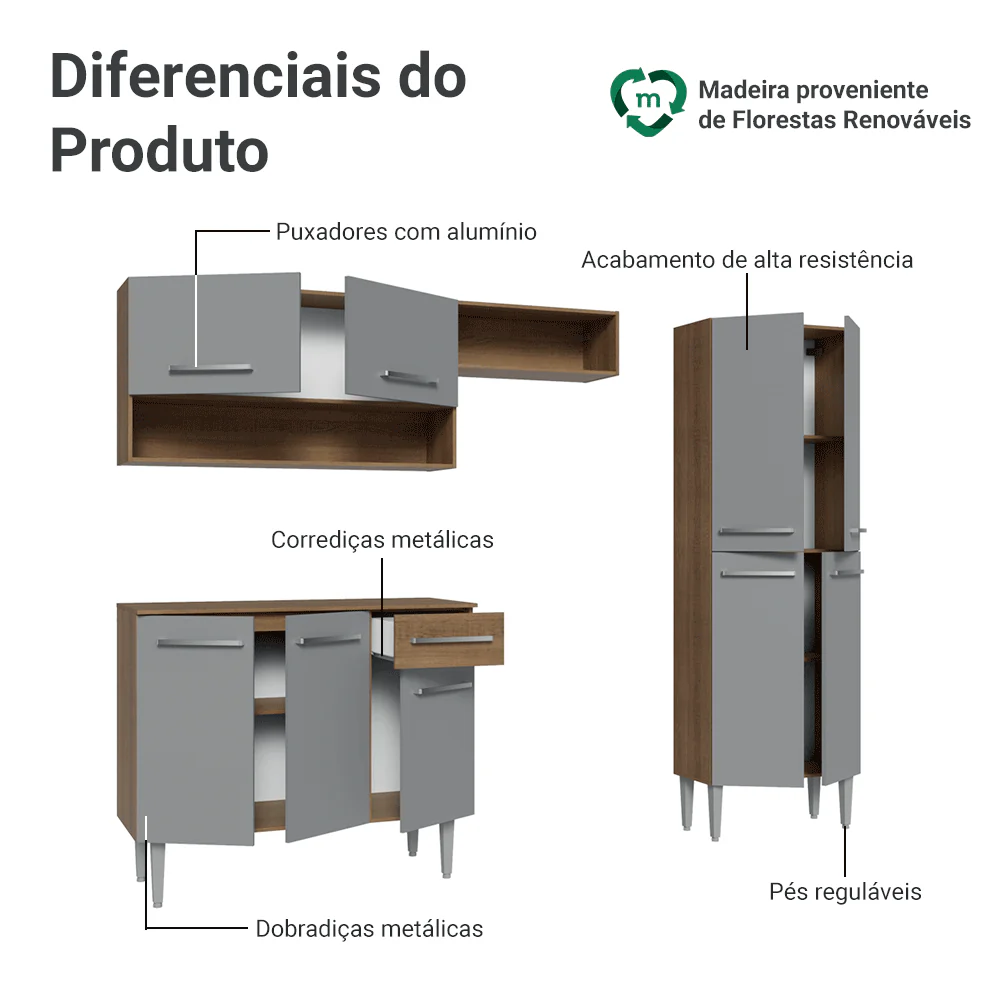Armário de Cozinha Completa 229cm Rustic/Cinza Emilly Pop Madesa - Image 4
