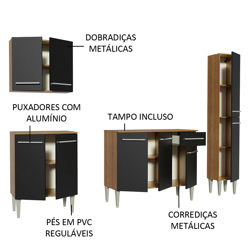 Armário de Cozinha Completa 201cm Rustic/Preto Emilly Sing Madesa 01 - Image 4