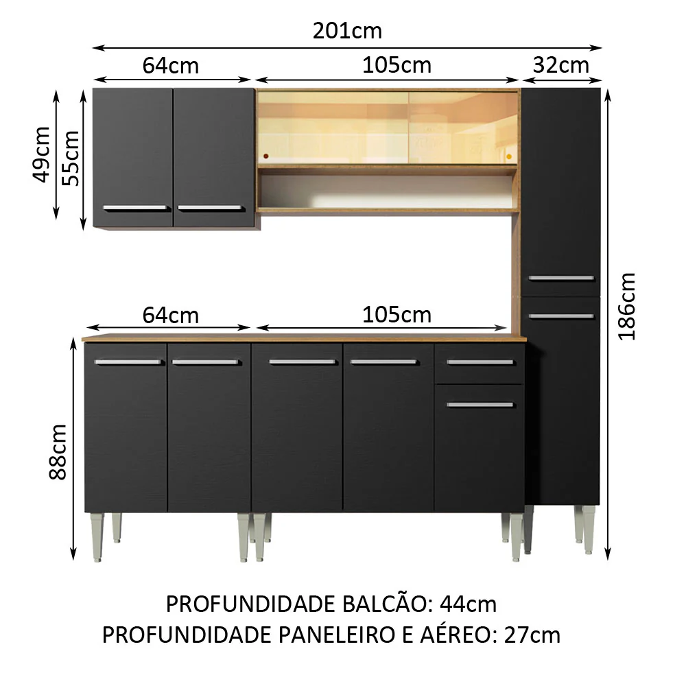 Armário de Cozinha Completa 201cm Rustic/Preto Emilly Sky Madesa 04 - Image 3